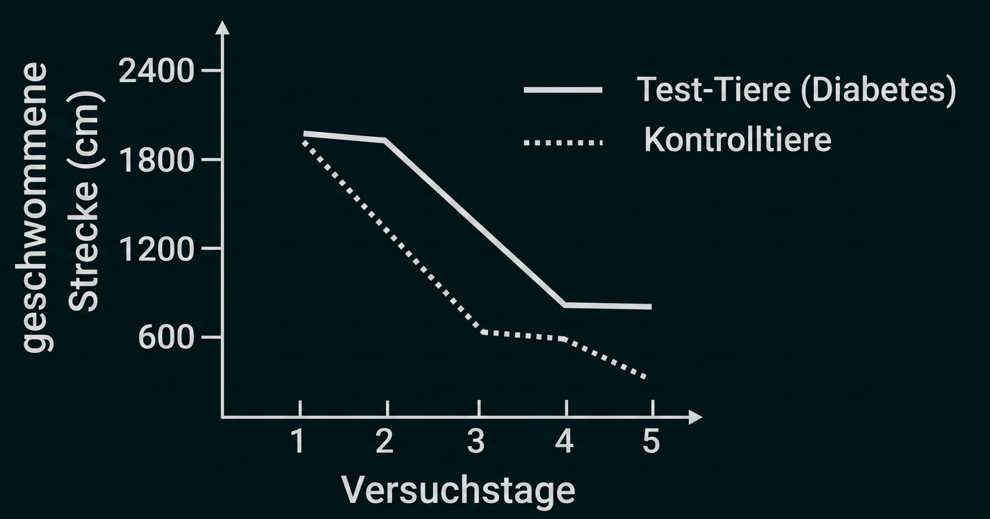 Diagramm zur geschwommenen Strecke von Test-Tieren mit Diabetes und Kontrolltieren über fünf Versuchstage.